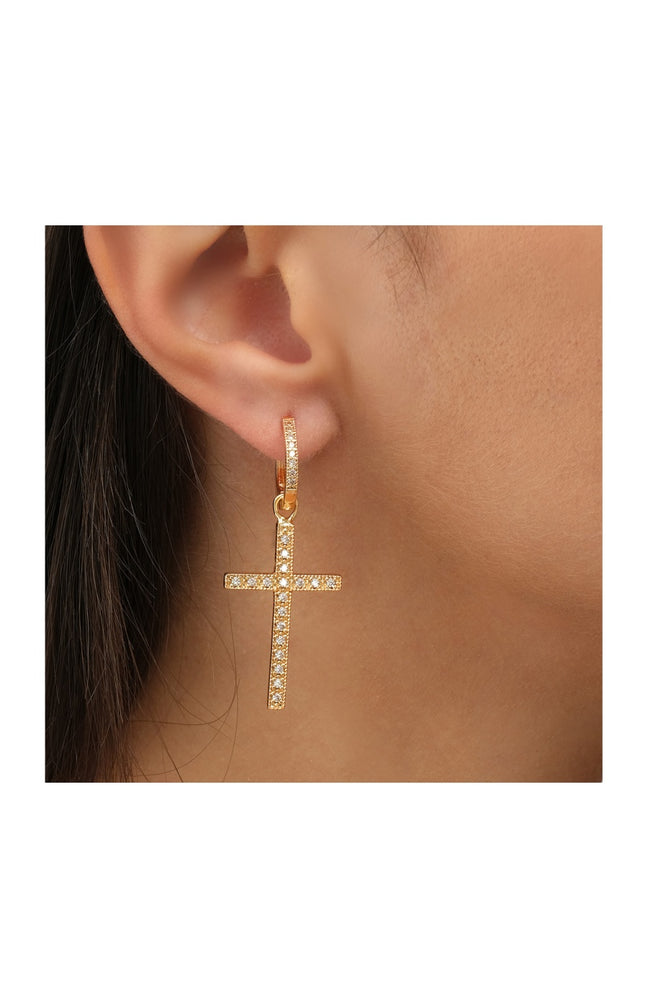 Boucles d'oreilles croix - Laiton plaqué or & zircons
