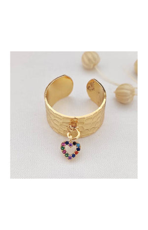 Bague cœur ajustable - Laiton plaqué or & zircons