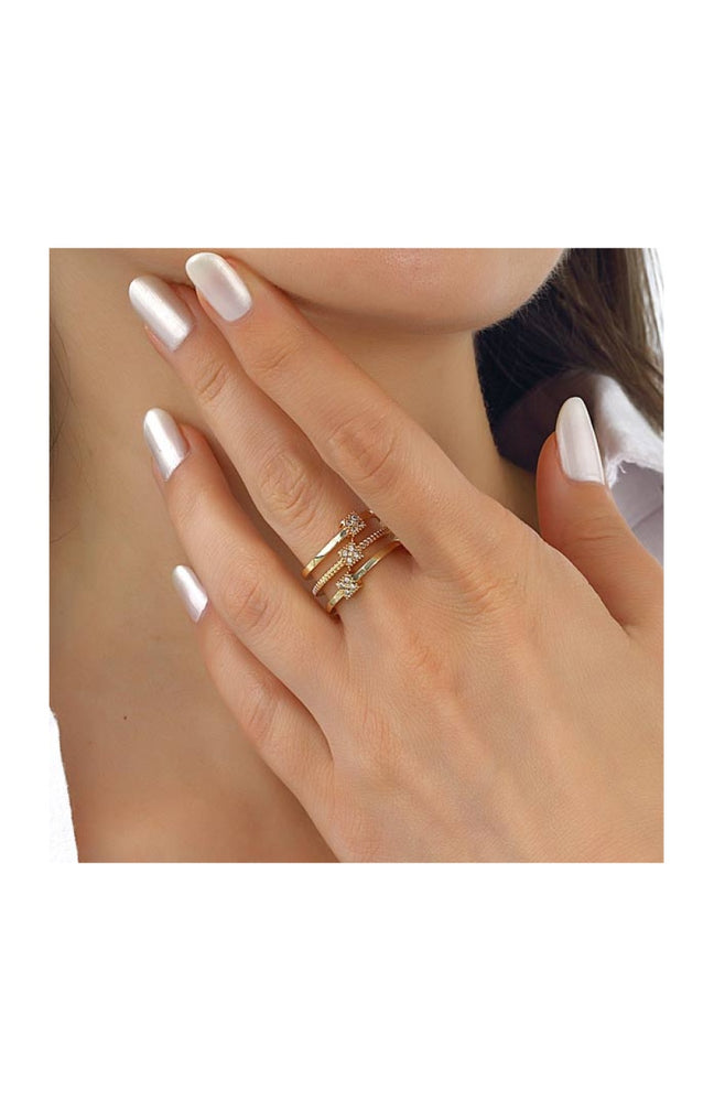 Bague 3 rangs ajustable - Laiton plaqué or & zircons