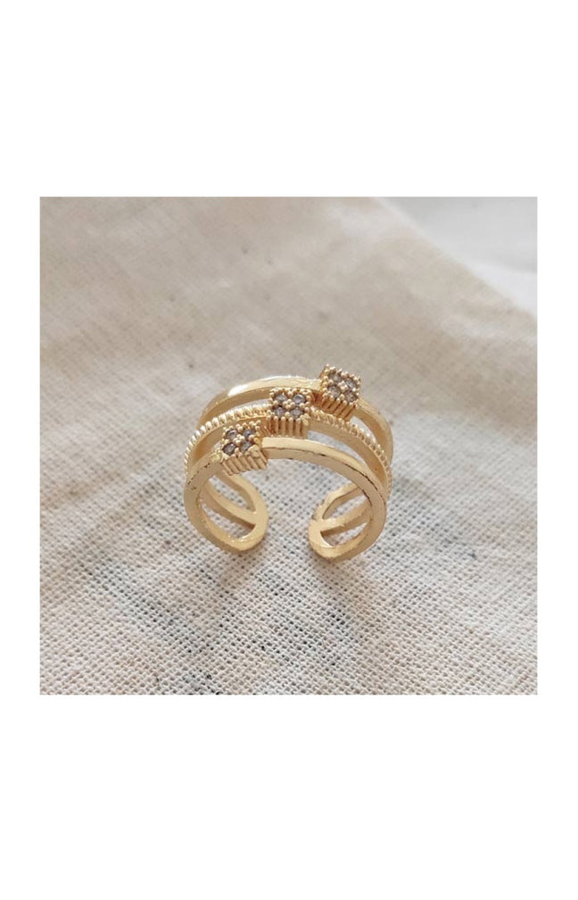 Bague 3 rangs ajustable - Laiton plaqué or & zircons