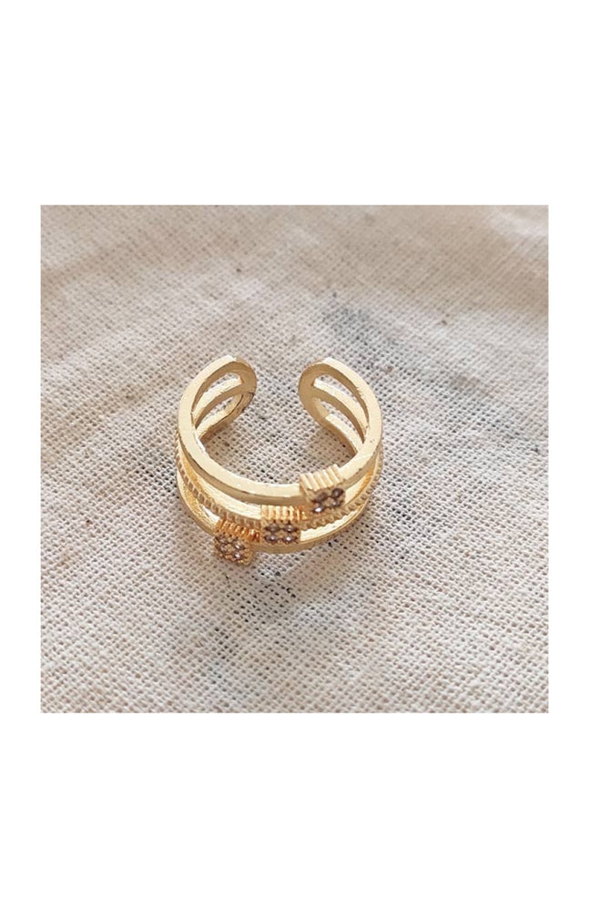 Bague 3 rangs ajustable - Laiton plaqué or & zircons