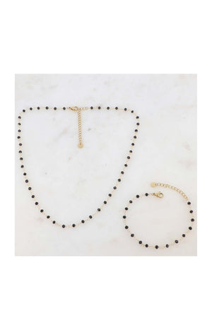 Parure - Collier & bracelet - Acier inoxydable doré & perles noires