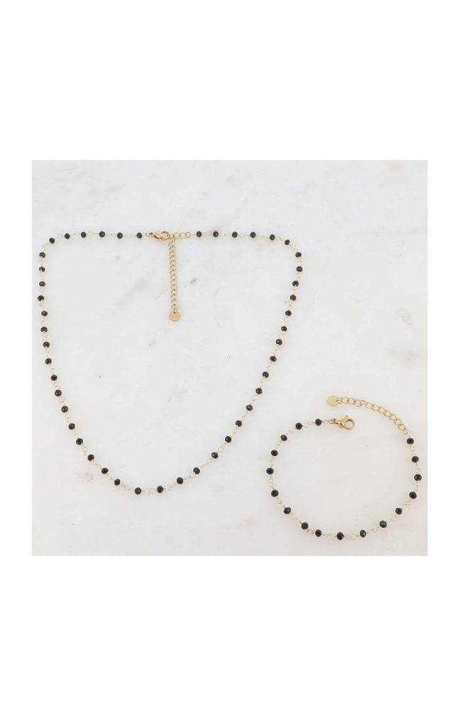 Parure - Collier & bracelet - Acier inoxydable doré & perles noires