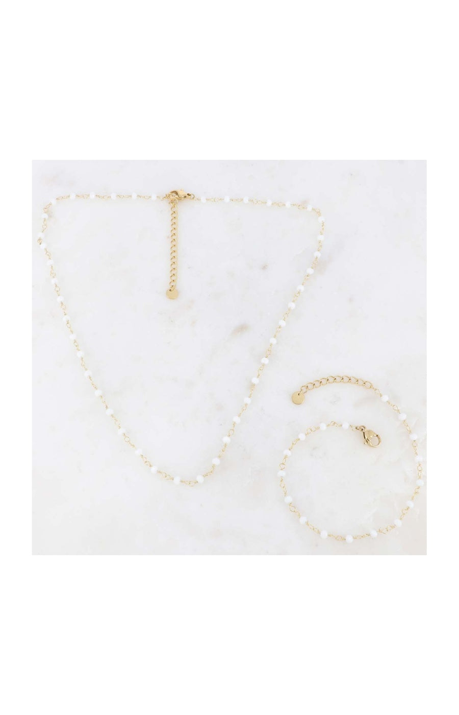Parure - Collier & bracelet - Acier inoxydable doré & perles blanches
