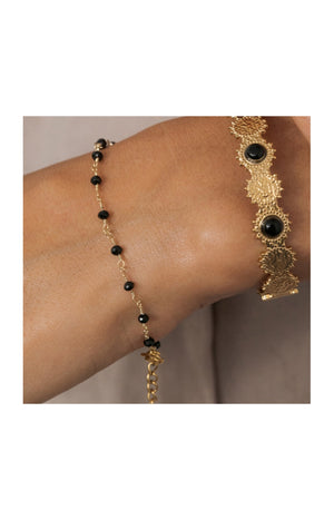 Bracelet - Acier inoxydable doré & perles noires
