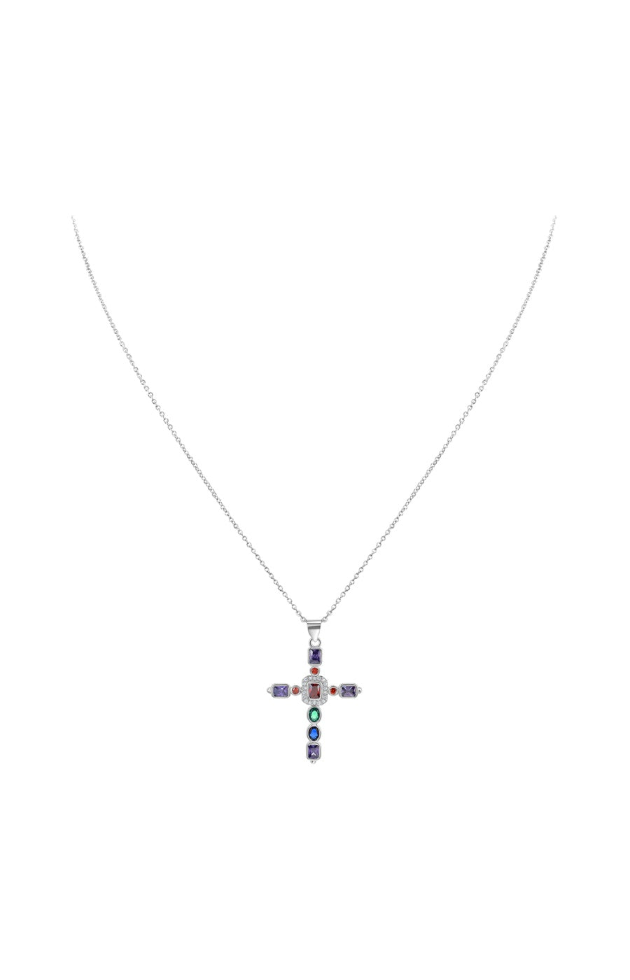 Collier croix - Métal rhodié & zirconium - Argenté