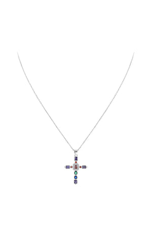 Collier croix - Métal rhodié & zirconium - Argenté