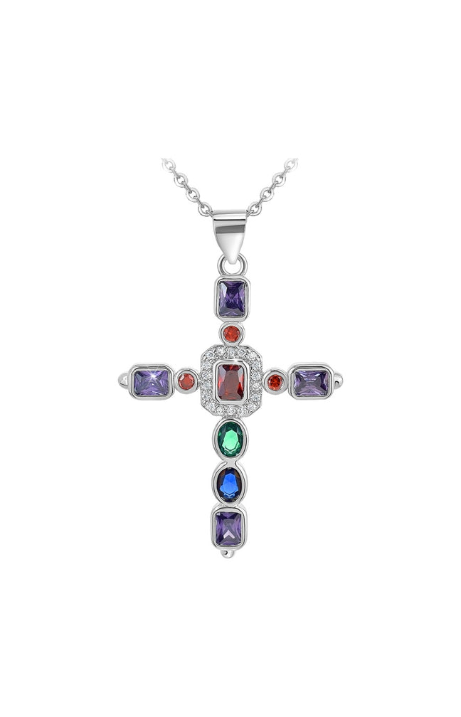 Collier croix - Métal rhodié & zirconium - Argenté