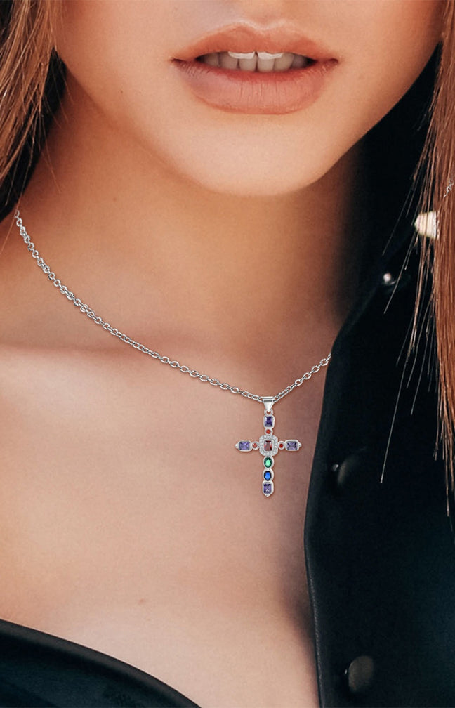 Collier croix - Métal rhodié & zirconium - Argenté