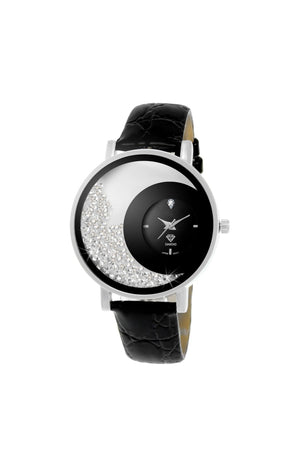 Montre Luna - Cuir noir, laiton argenté, diamant & cristaux