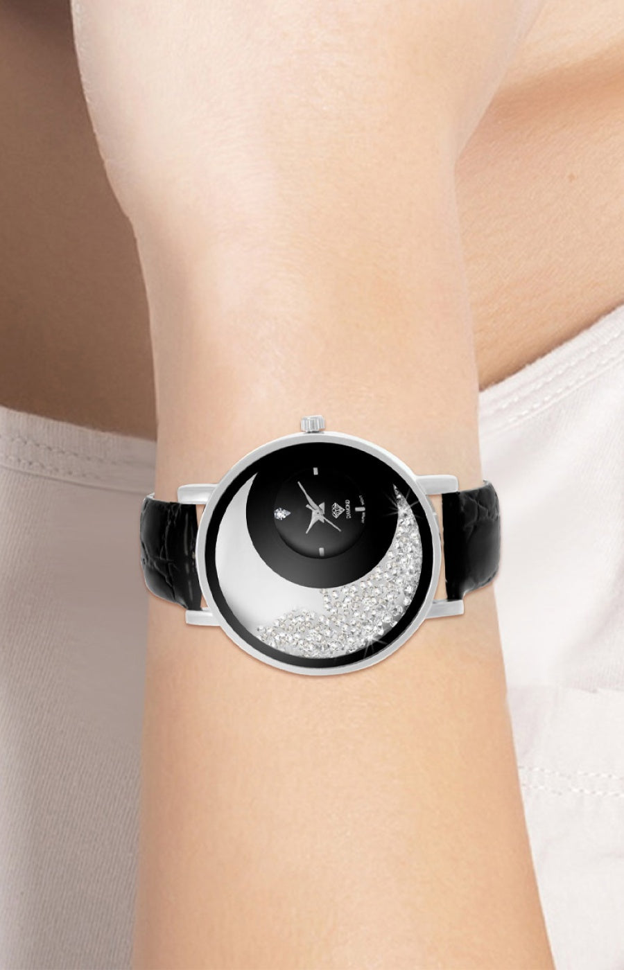 Montre Luna - Cuir noir, laiton argenté, diamant & cristaux