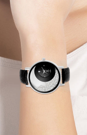 Montre Luna - Cuir noir, laiton argenté, diamant & cristaux