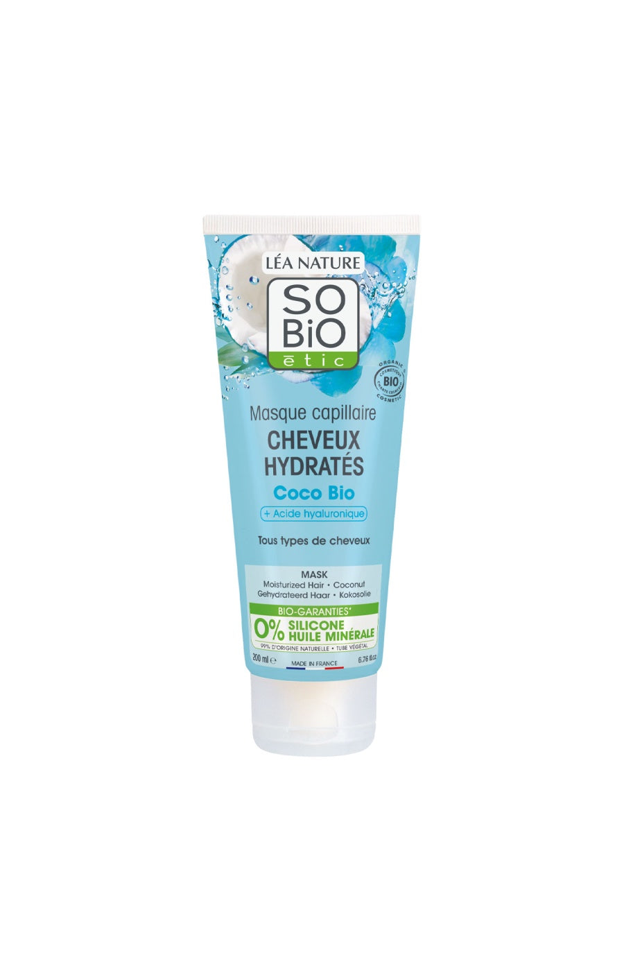 Masque hydratant bio - Eau de coco & acide hyaluronique - Cheveux - 200 ml