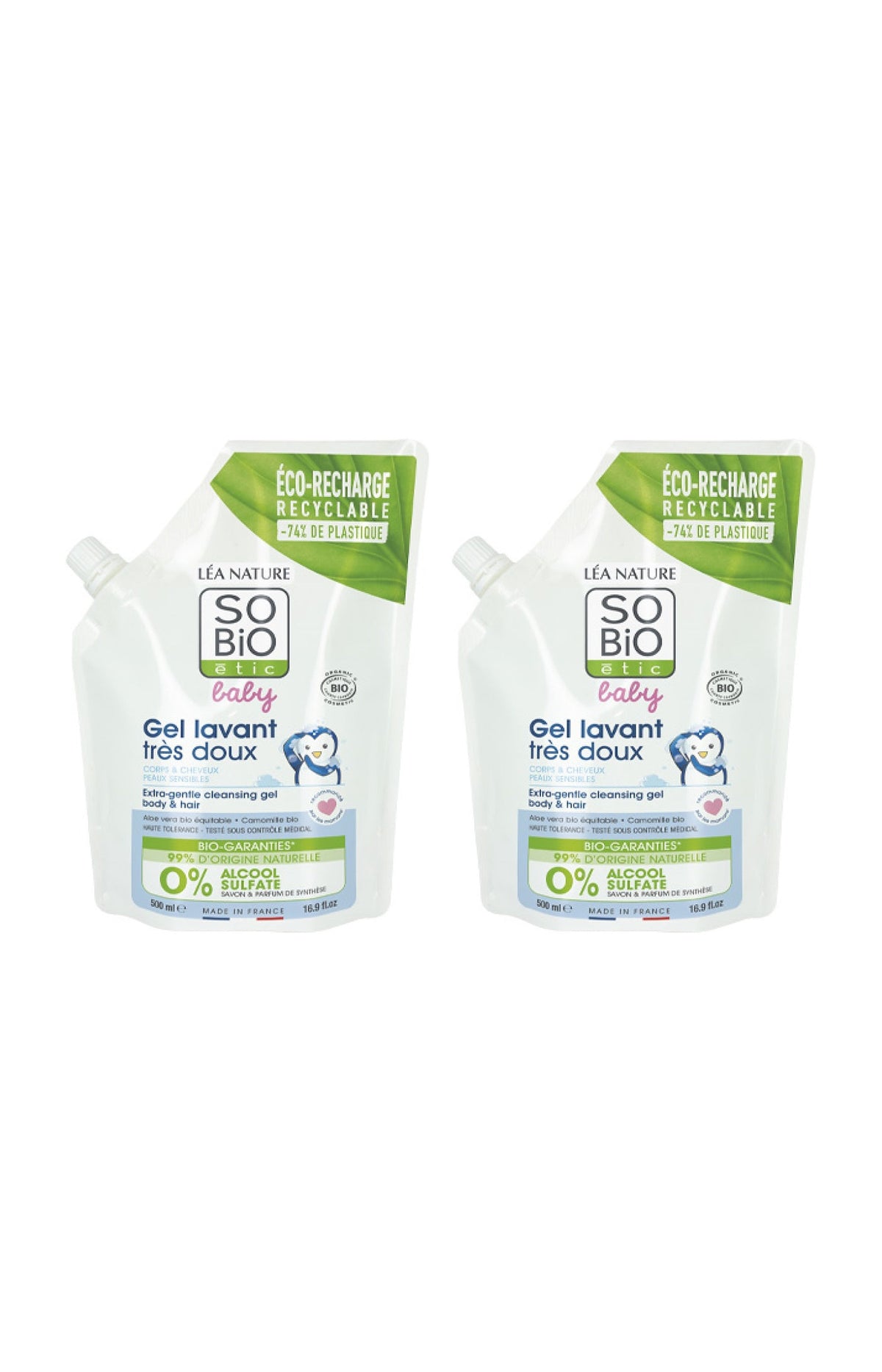 Eco-recharges gel lavant très doux bio - Aloe vera - Corps & cheveux - Bébé - 2 x 500 ml