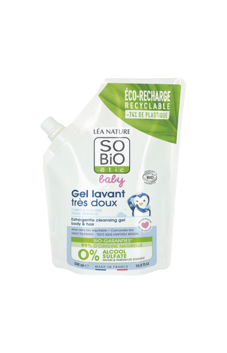 Eco-recharges gel lavant très doux bio - Aloe vera - Corps & cheveux - Bébé - 2 x 500 ml