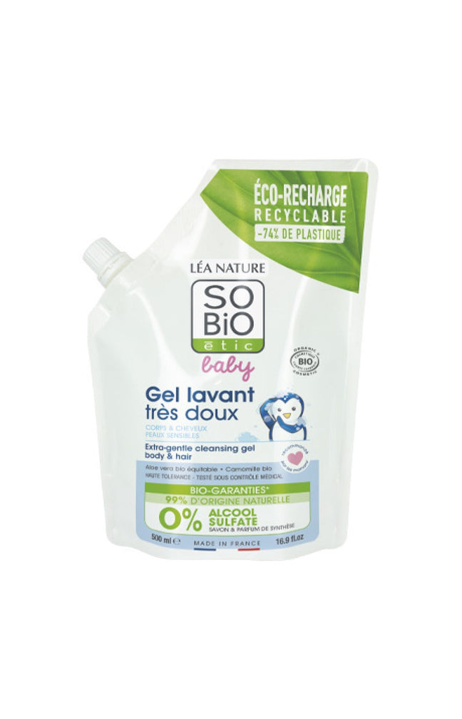 Eco-recharges gel lavant très doux bio - Aloe vera - Corps & cheveux - Bébé - 2 x 500 ml