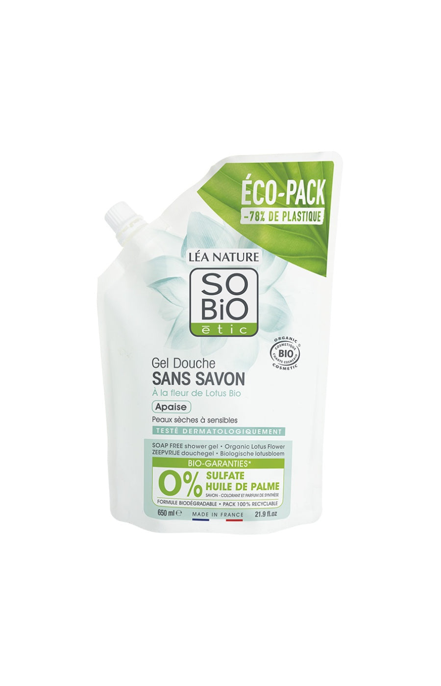 Eco-recharge gel douche sans savon apaisant bio - Fleur de lotus - 650 ml