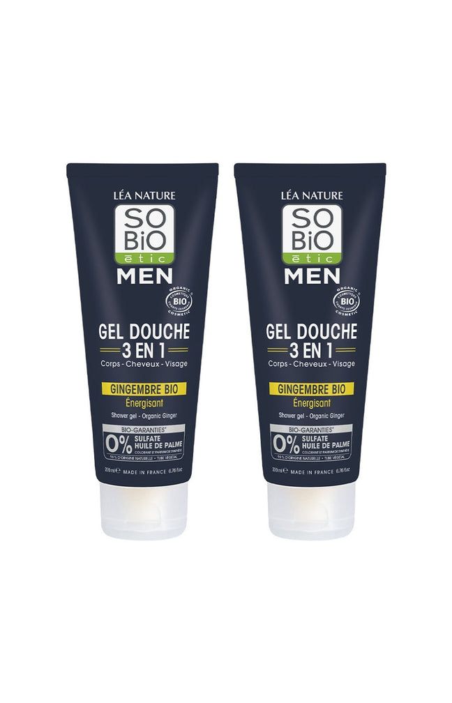Gels douche 3-en-1 énergisants bio - Gingembre bio - Visage, corps & cheveux - 2 x 200 ml - Homme
