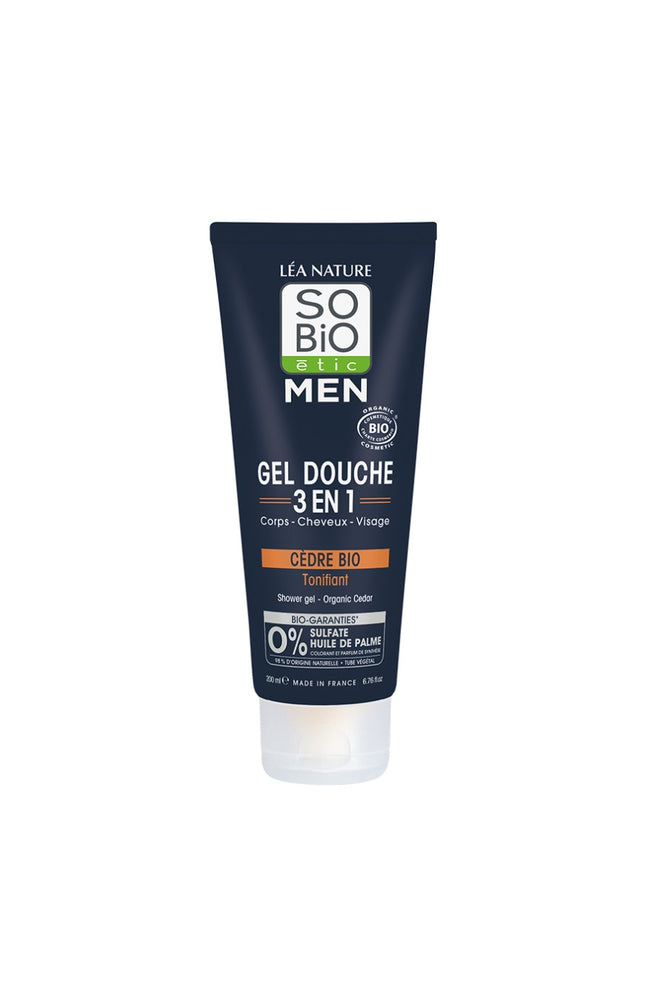Gel douche 3-en-1 tonifiant bio - Cèdre bio - Visage, corps & cheveux - 200 ml - Homme