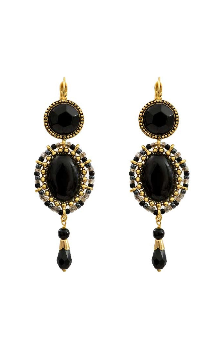 Boucles d'oreilles Indian Song - Métal doré, agate, perles de rocaille & perles de verre