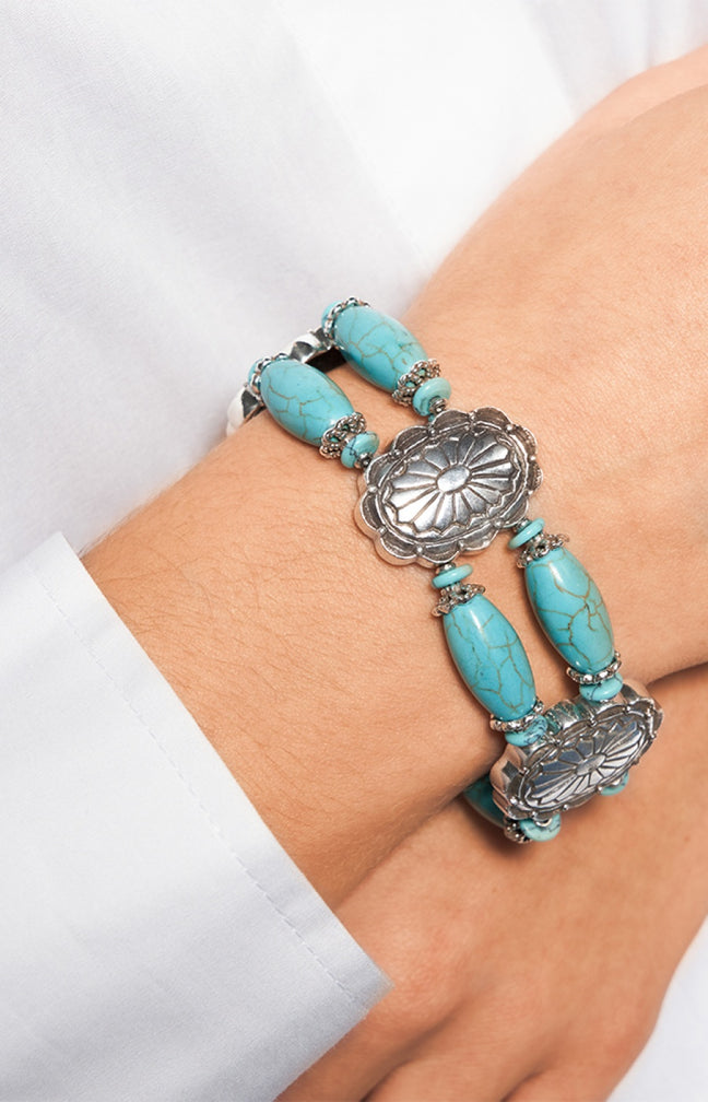 Bracelet motifs Ethnic - Métal argenté & howlite
