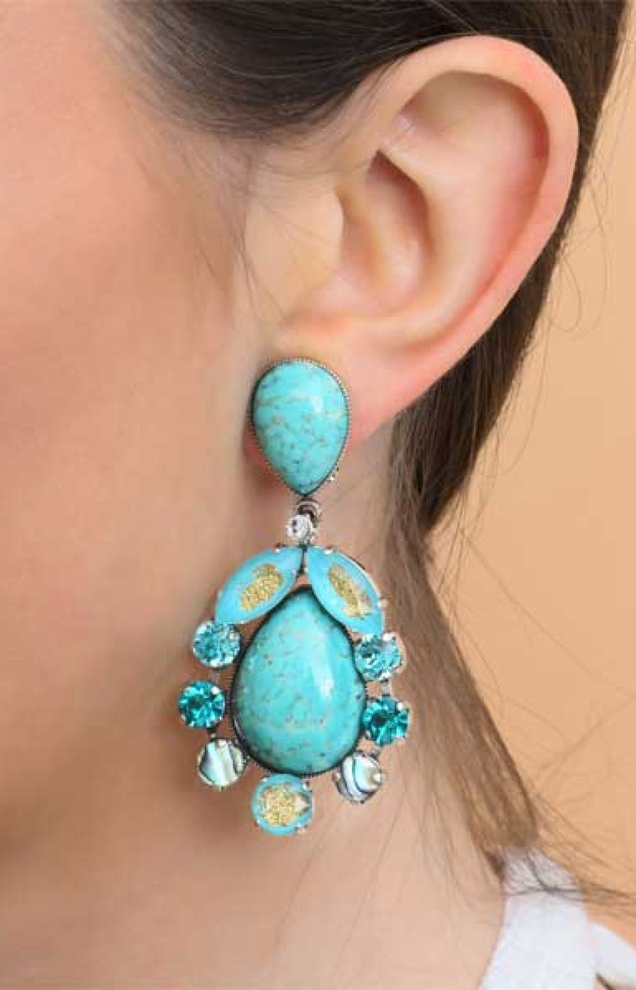 Boucles d'oreilles à clips Ethnic Turquoise - M2tal argenté, strass & turquoise