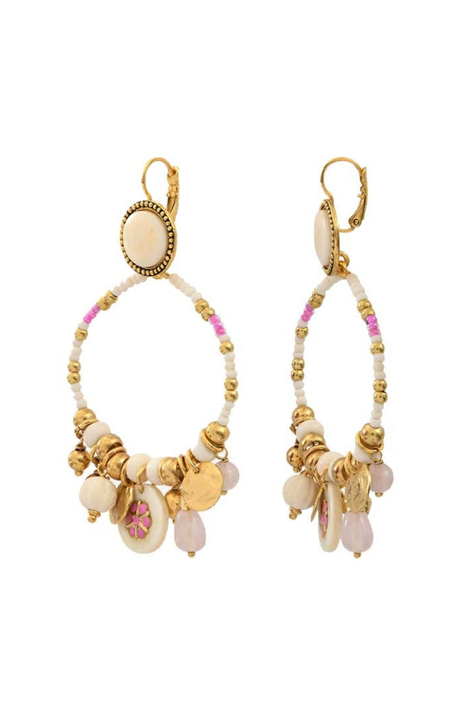 Boucles d'oreilles Lucky Charms - Métal doré, perles de rocaille & quartz rose