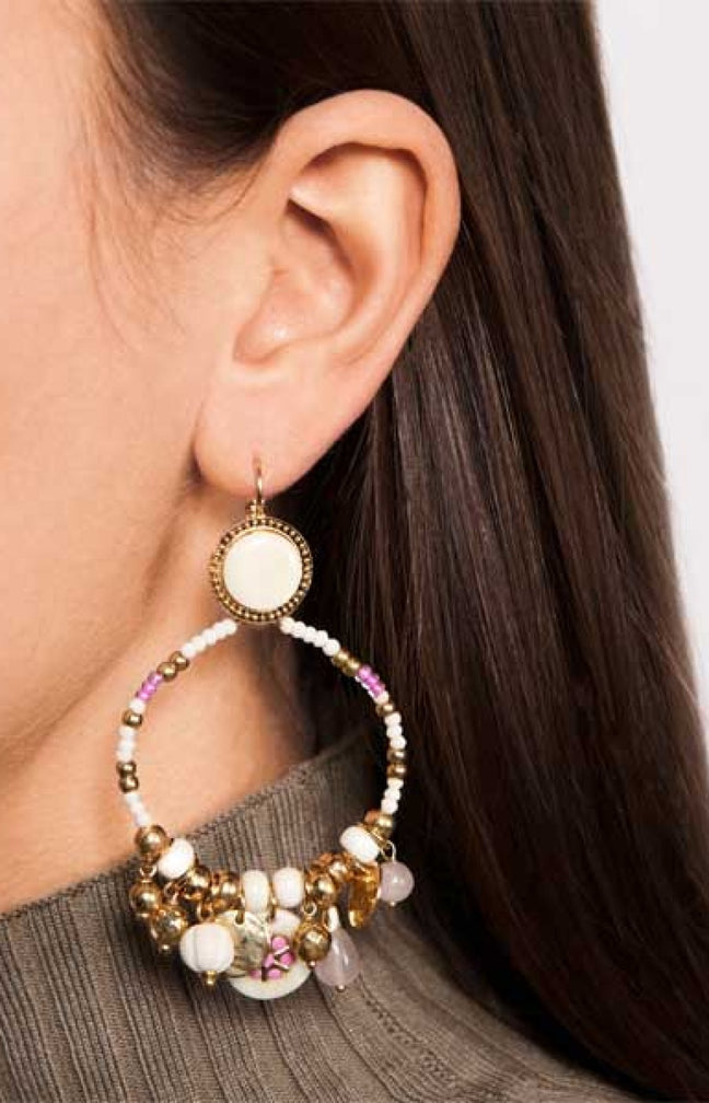 Boucles d'oreilles Lucky Charms - Métal doré, perles de rocaille & quartz rose