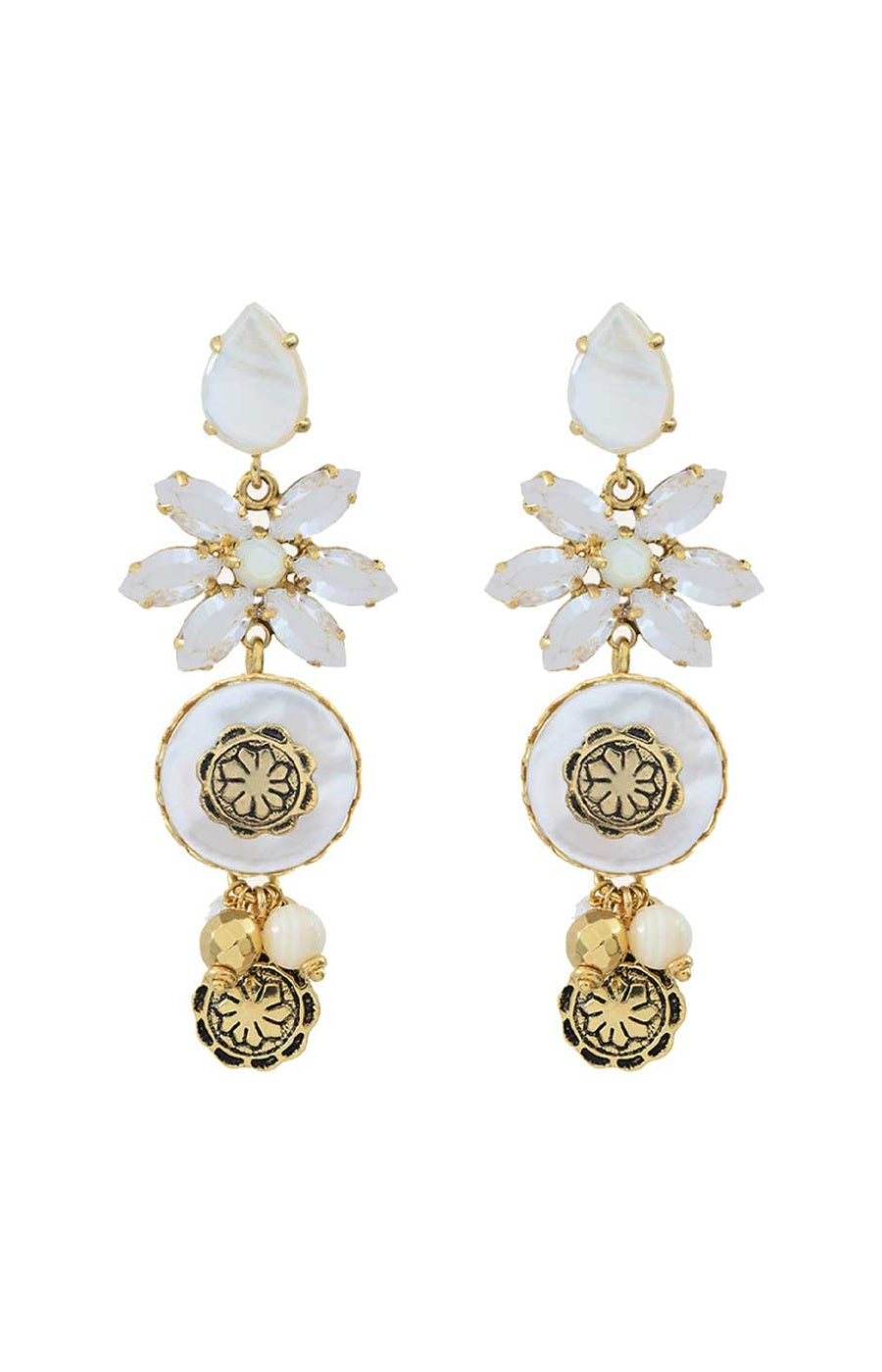 Boucles d'oreilles Amazones - Métal doré, nacre & cristaux Swarovski