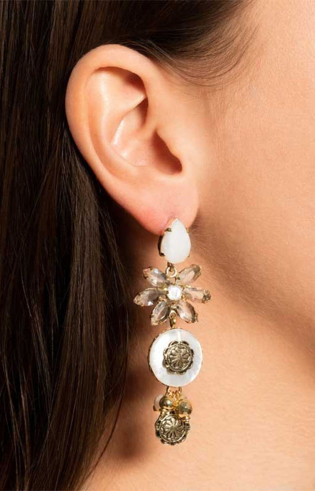 Boucles d'oreilles Amazones - Métal doré, nacre & cristaux Swarovski
