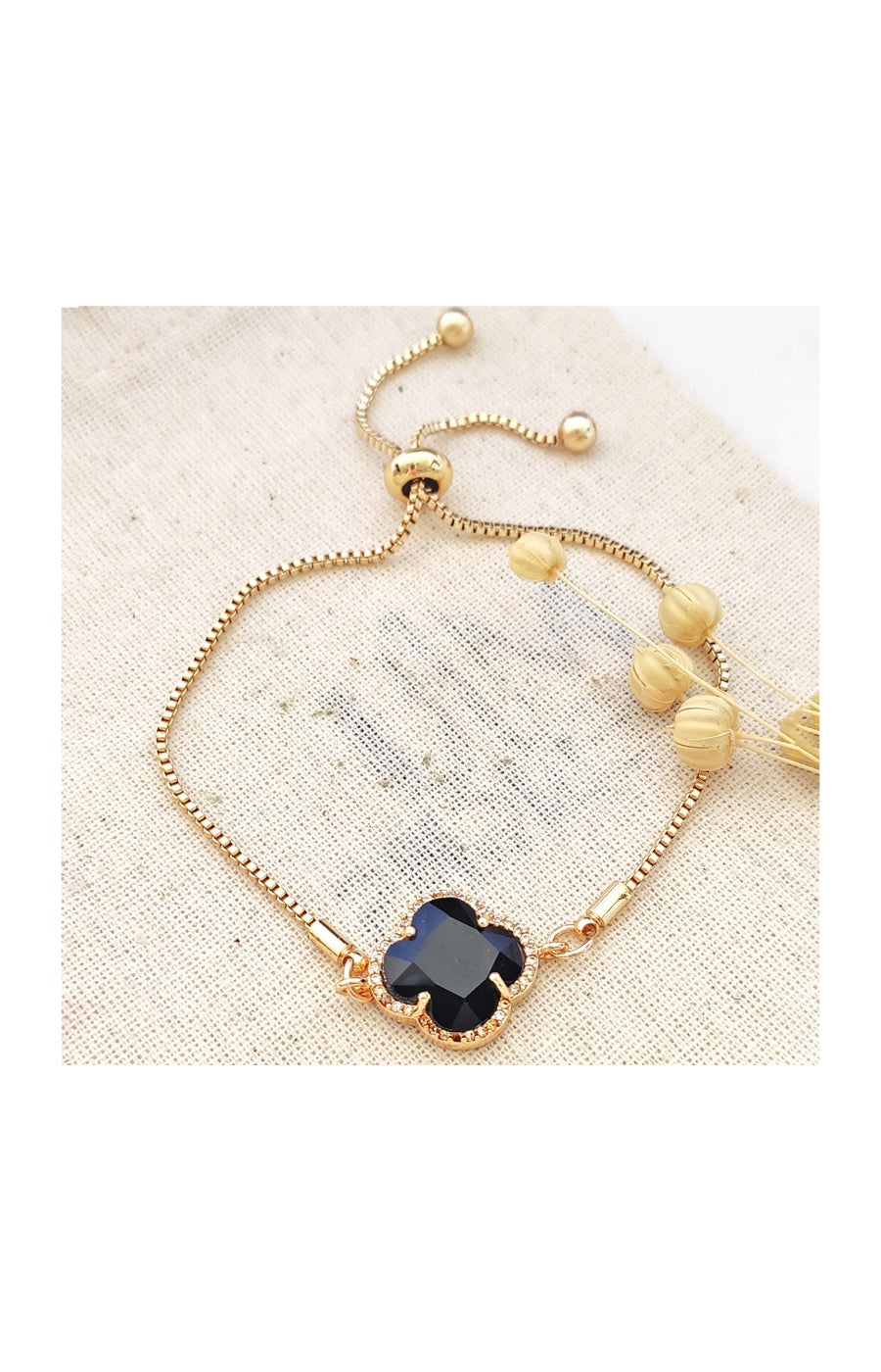 Bracelet trèfle - Laiton plaqué or & pierres de Ceylan