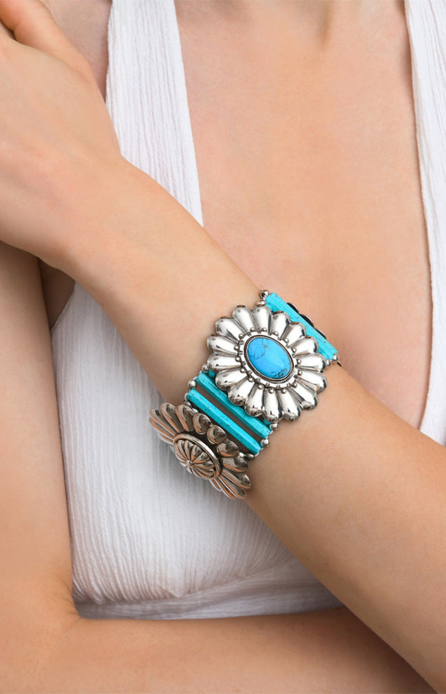 Bracelet Bangle - Métal argenté, turquoise & perles fantaisie
