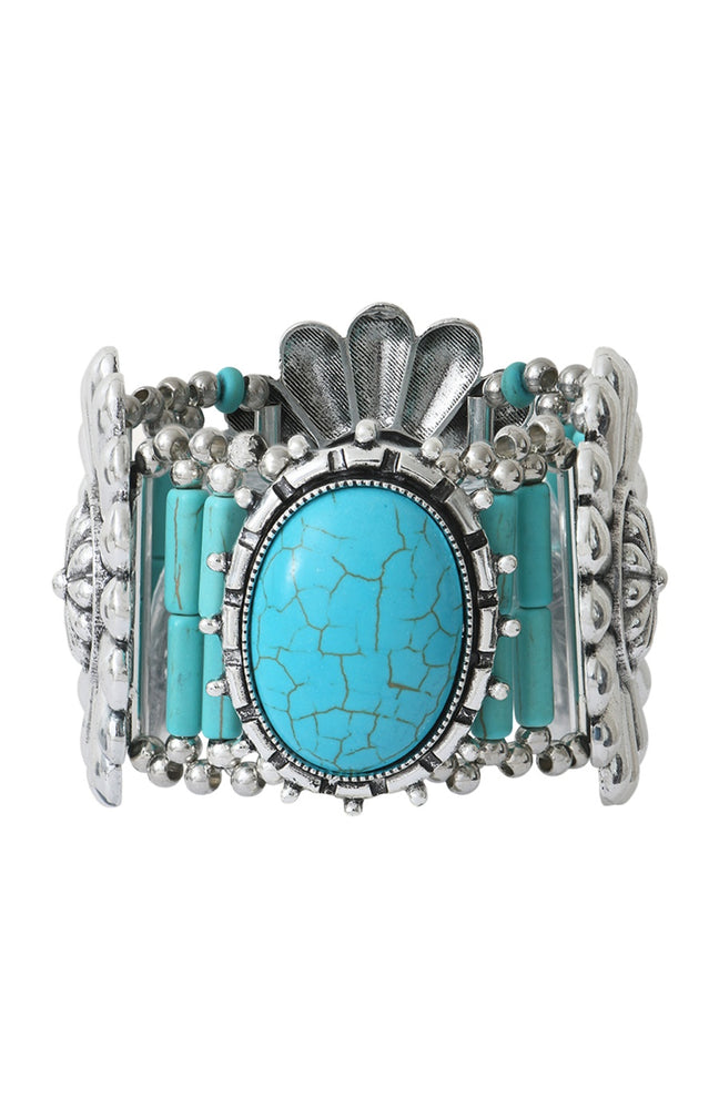 Bracelet Bangle - Métal argenté, turquoise & perles fantaisie