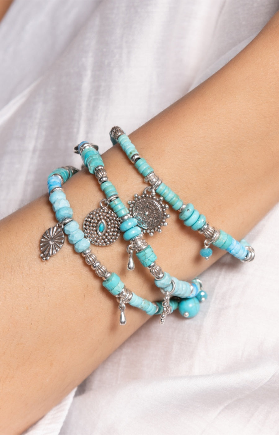 Bracelet triple rang Positano - Métal argenté, pierres fines & cristal Swarovski