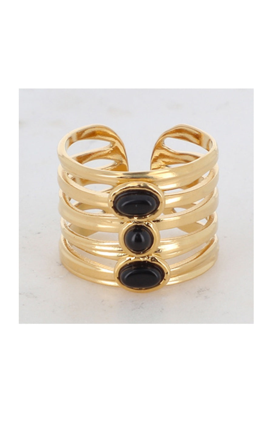 Bague ajustable - Acier inoxydable doré & onyx noir