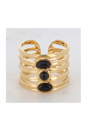 Bague ajustable - Acier inoxydable doré & onyx noir