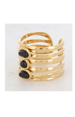 Bague ajustable - Acier inoxydable doré & onyx noir