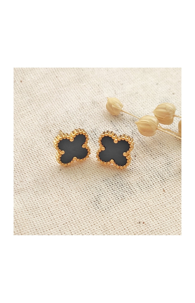 Boucles d'oreilles trèfle - Laiton plaqué or & nacre noire