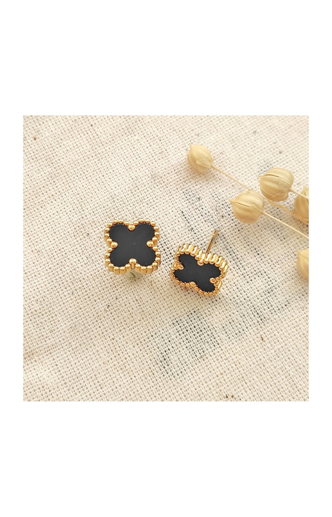 Boucles d'oreilles trèfle - Laiton plaqué or & nacre noire