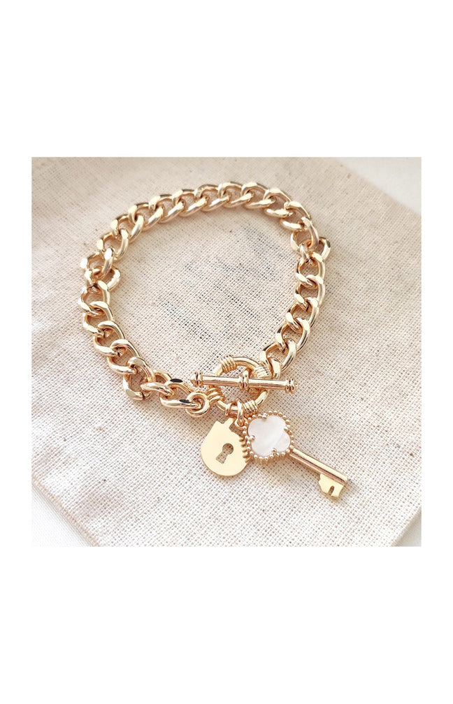 Bracelet cadenas & trèfle - Laiton plaqué or & nacre blanche