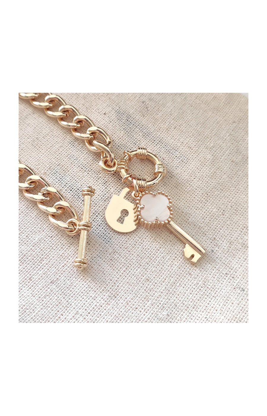 Bracelet cadenas & trèfle - Laiton plaqué or & nacre blanche