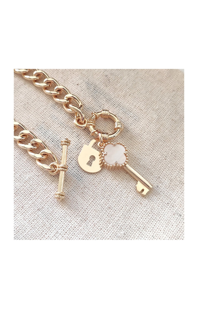 Bracelet cadenas & trèfle - Laiton plaqué or & nacre blanche