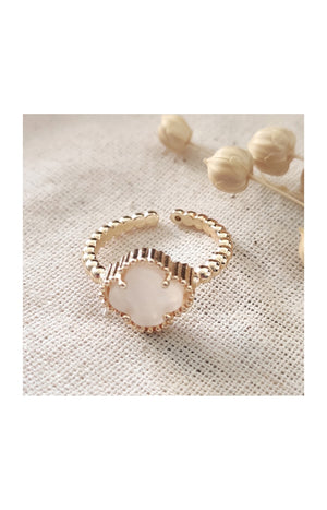 Bague réglable trèfle - Laiton plaqué or & nacre blanche