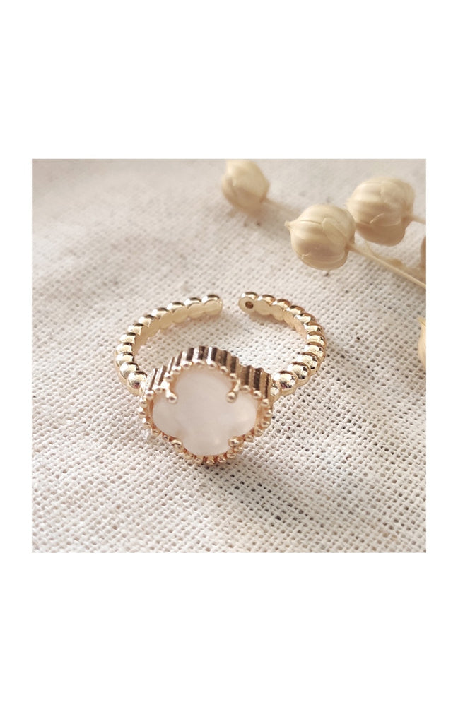 Bague réglable trèfle - Laiton plaqué or & nacre blanche
