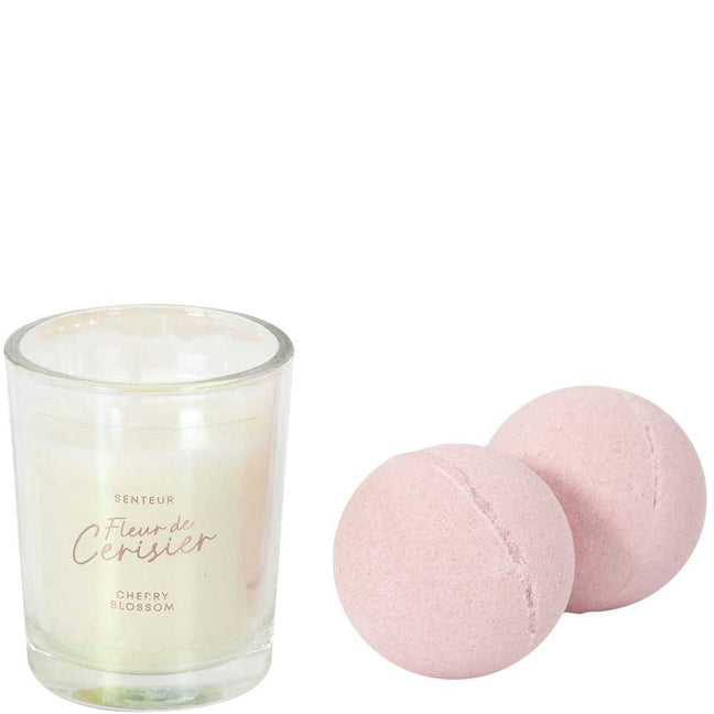 Coffret bougie & bombe de bain - Fleur de cerisier - 3 produits