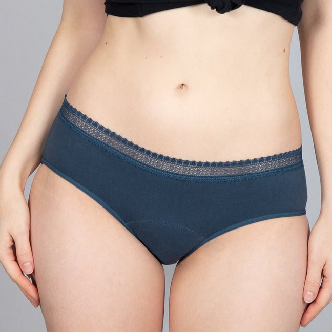 Lot de 2 shortys menstruels à dentelle - Coton bio - Flux moyens à abondants  - Bleu