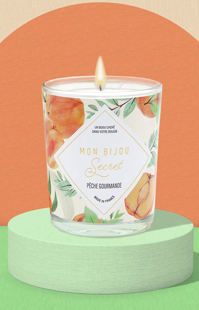 Bougie parfumée - Pêche gourmande - Collier laiton argenté - 40h