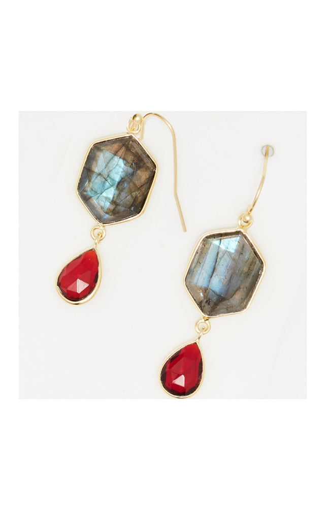 Boucle d'oreilles - Labradorite & grenat - Rouge & vert