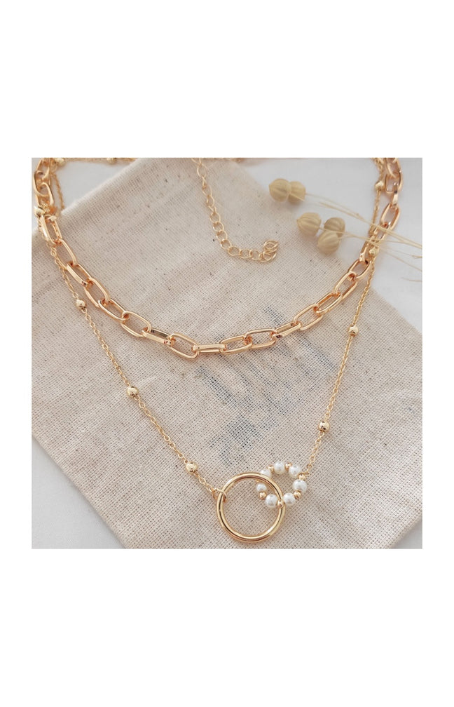 Collier double - Laiton plaqué or & perles synthétiques multicolores