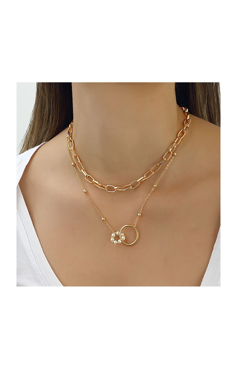 Collier double - Laiton plaqué or & perles synthétiques multicolores